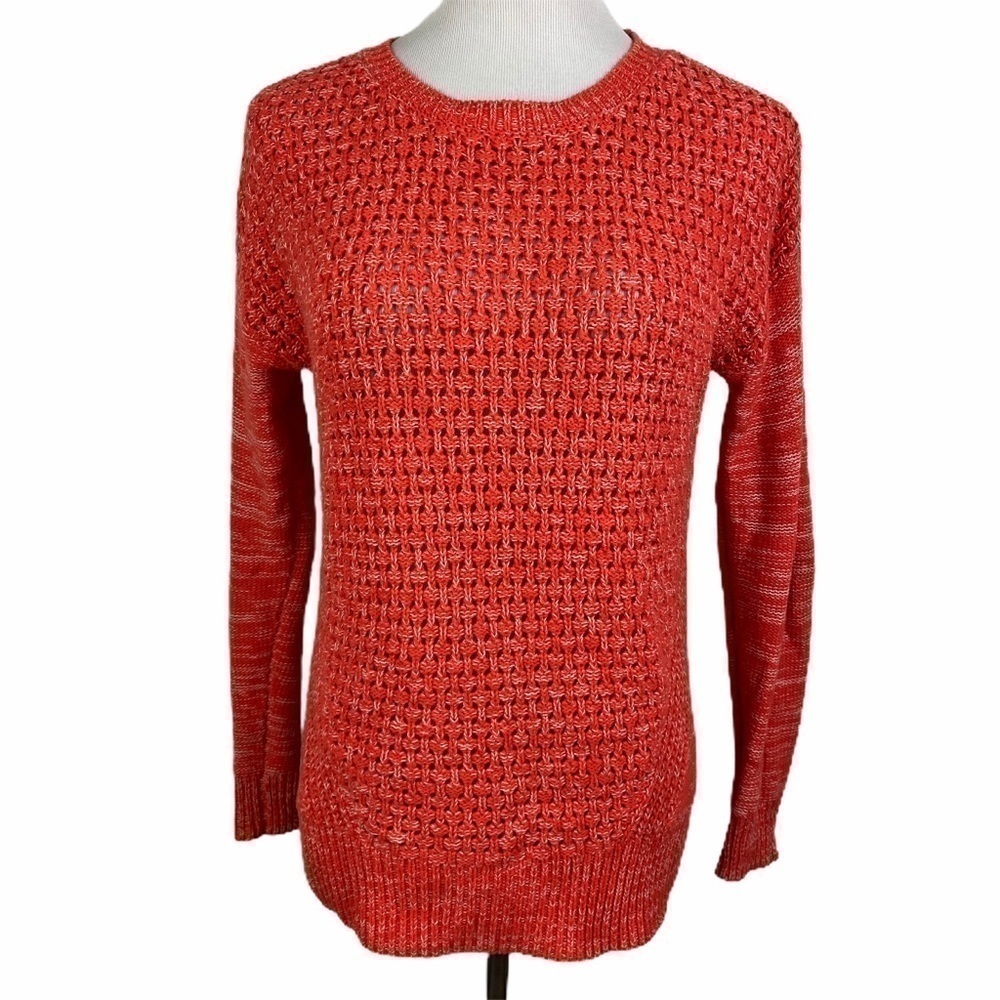Stylus Open Knit Sweater Women's Small Orange White Pullover Long Sleeve